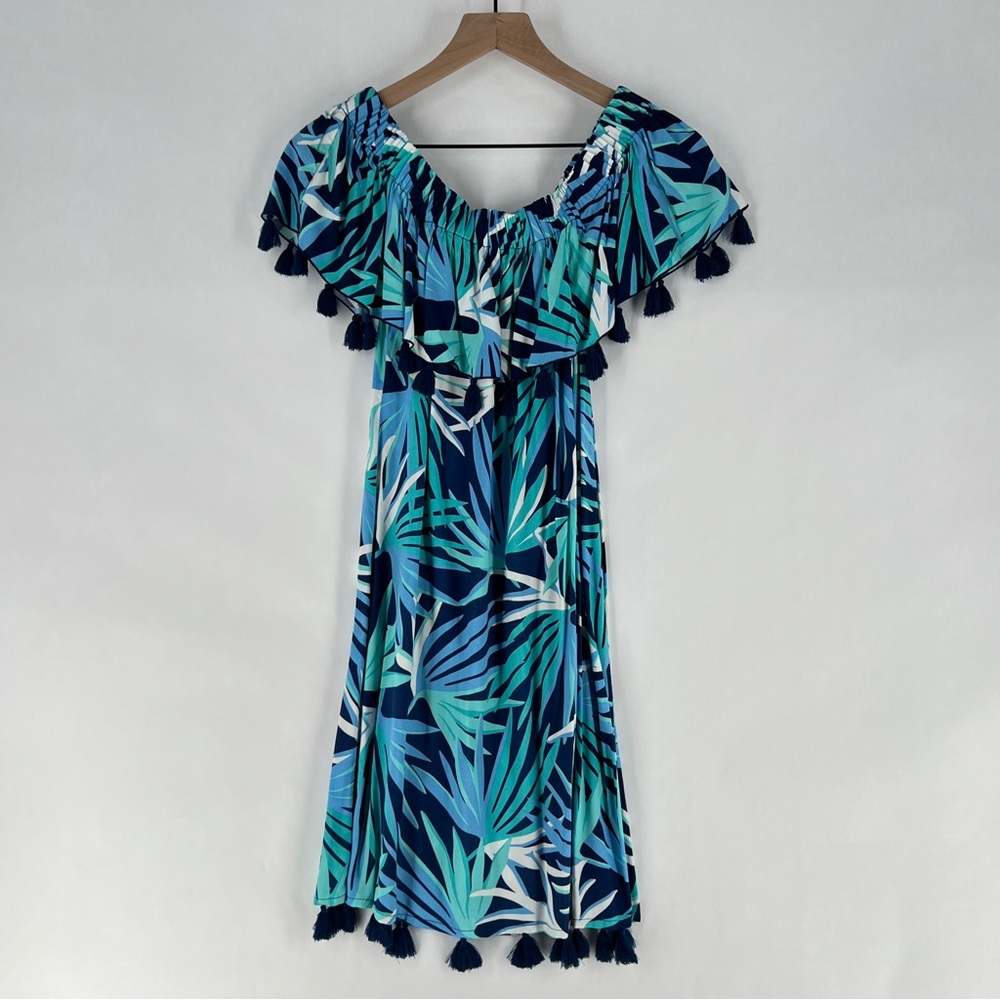 Escapada Living Monica Tassel Dress Blue Tropical Leaf‎ Print Off The Shoulder
